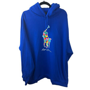 Polo Ralph Lauren Blue Rainbow Big Pony Fleece Hoodie Pullover Size 2XLT Preppy